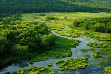 A serene river runs through the heart of a lush green forest, perfect for use in nature-inspired designs and illustrations