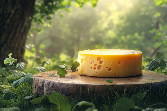 A piece of cheese sitting on top of a wooden stump in the grass