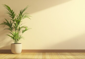 Modern minimalist room with a single potted plant against a plain yellow wall