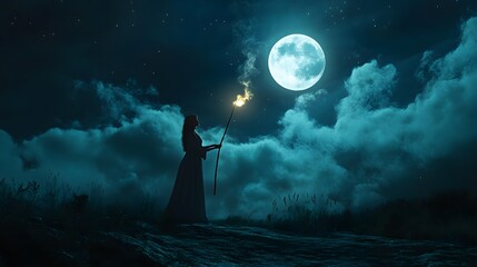 Girl with magical staff casting a spell under moonlight