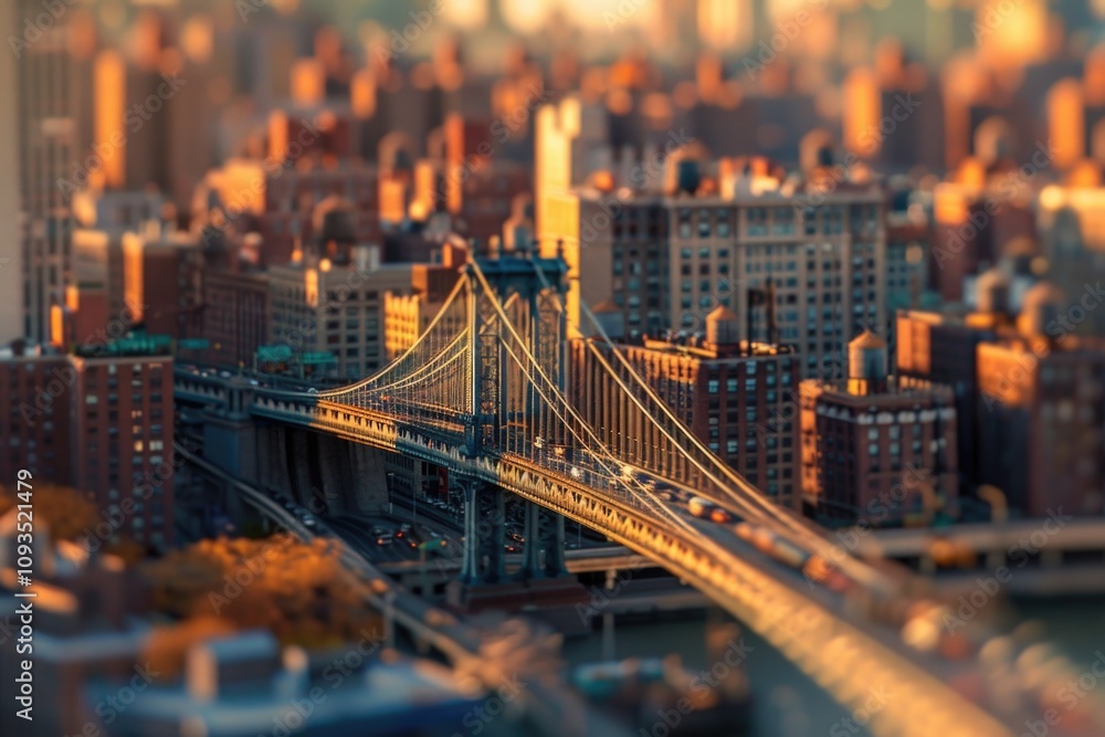 Poster a view of a city from above with a bridge crossing the distance