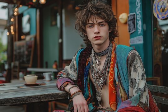 Young person with trendy wolf haircut sits outdoors at rustic cafe. Colorful bohemian fashion attire. Relaxed pose. Casual cafe setting. Stylish portrait.