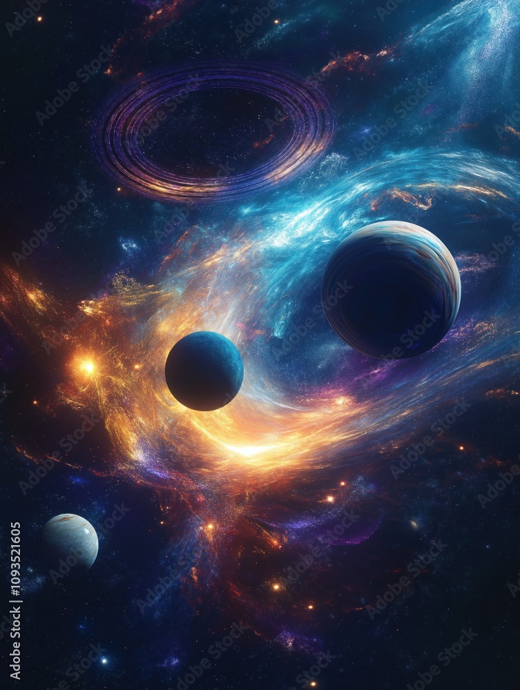 Leinwandbilder surreal cosmic scene planets in swirling vortex of energy. vivid colors, glowing patterns suggest ab