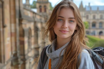 Obraz premium Confident Student Smiling Outdoors at University for Academic Success