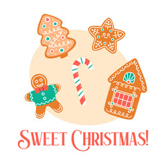Merry Christmas greeting card. Gingerbread man, house, Christmas tree, star and candy cane. Traditional homemade Xmas cookies. Simple square vector illustration with Xmas greetings