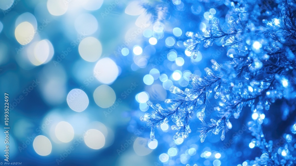 Poster A close-up shot of a tree branch with blue lights illuminating the background, perfect for use in abstract or futuristic-themed designs