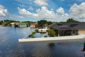 Hurricane flooded homes in residential community in Florida, USA. Aftermath of natural disaster
