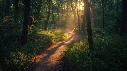 Fototapeta premium Serene Forest Path Illuminated by Gentle Sunlight, Surrounded by Lush Greenery and Tall Trees, Creating a Peaceful Natural Atmosphere Ideal for Nature Lovers