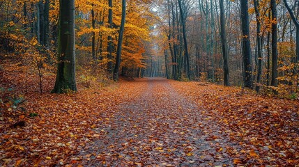 Scenic Autumn Forest Pathway with Vibrant Orange and Yellow Leaves Creating a Picturesque and Tranquil Atmosphere for Nature Enthusiasts and Outdoor Lovers