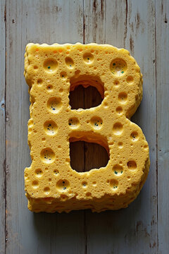 A yellow sponge with holes in the shape of the letter B