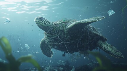 Fototapeta premium Endangered Wildlife: Sea Turtle Trapped in Fishing Nets amidst Polluted Waters, Environmental Conservation Concept