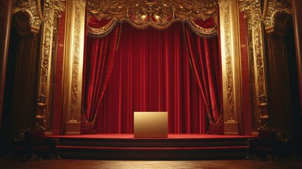 Elegant stage with red curtains and golden frame, blank box center.