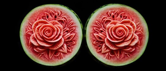 Two carved watermelon halves displaying intricate rose designs against a black background.