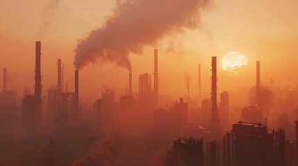 Polluted Skies: Industrial Landscape with Towering Smokestacks at Sunset
