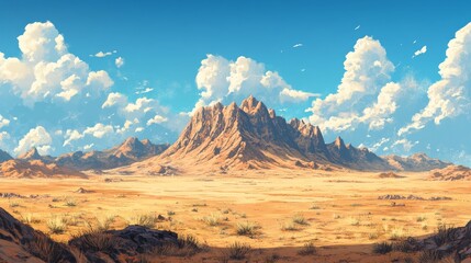 Naklejka premium A majestic mountain rises above the desert, bathed in the warm glow of the afternoon sun. 