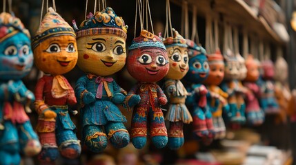 Colorful handcrafted paper mache puppets hanging in a row.