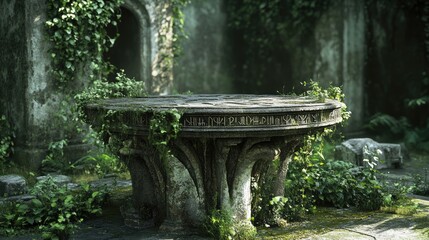 Overgrown stone table in ancient ruins.