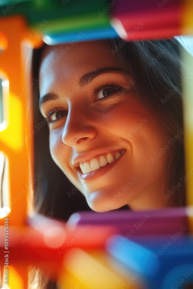 Poster A smiling woman builds structures with colorful blocks, suitable for use in educational or entertainment contexts