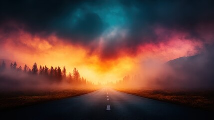 Naklejka premium An empty road stretches into a misty foreground surrounded by trees, leading towards a captivating horizon where warm colors fuse with cloudy skies.