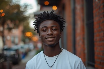 Fototapeta premium Smiling African American Teenager in Downtown for Casual Friendly Portrait