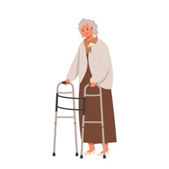 Senior woman with walking aid or crutch hand drawn vector cartoon flat illustration on white. Elderly health care concept. Senior retirement. Old people with disabilities moving with supporting tool