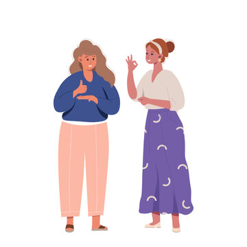 Deaf and mute people communicate in sign language. Deaf and mute female character using sign languages flat vector cartoon isolated illustration. World day deaf. International day of sign languages.