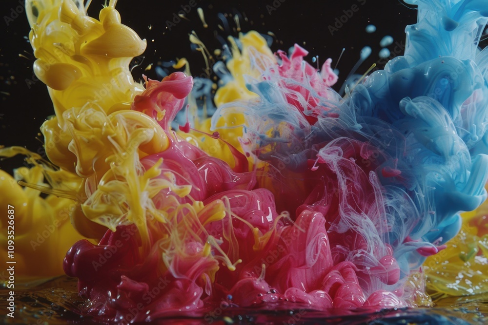 Poster close-up shot of mixed colorful inks on a flat surface