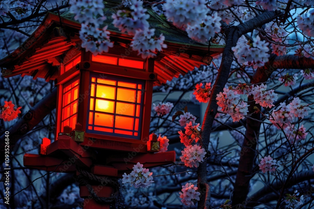 Aufkleber a single red lantern hangs from a tree branch, casting a warm glow