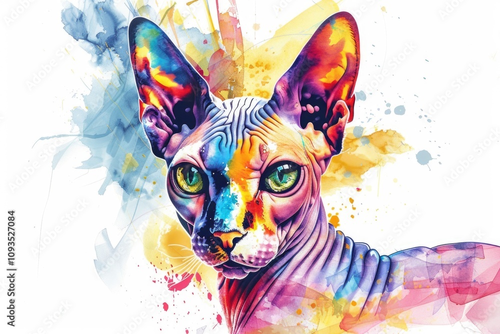 Poster a close-up photo of a sphynx cat with bright green eyes, showing its unique features