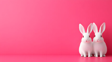Obraz premium Two Adorable Rabbits Standing Together on a Vibrant Pink Background in a Playful Setting