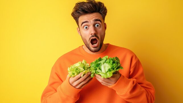 A person covering their face with a lettuce leaf, possibly to avoid something or make a statement