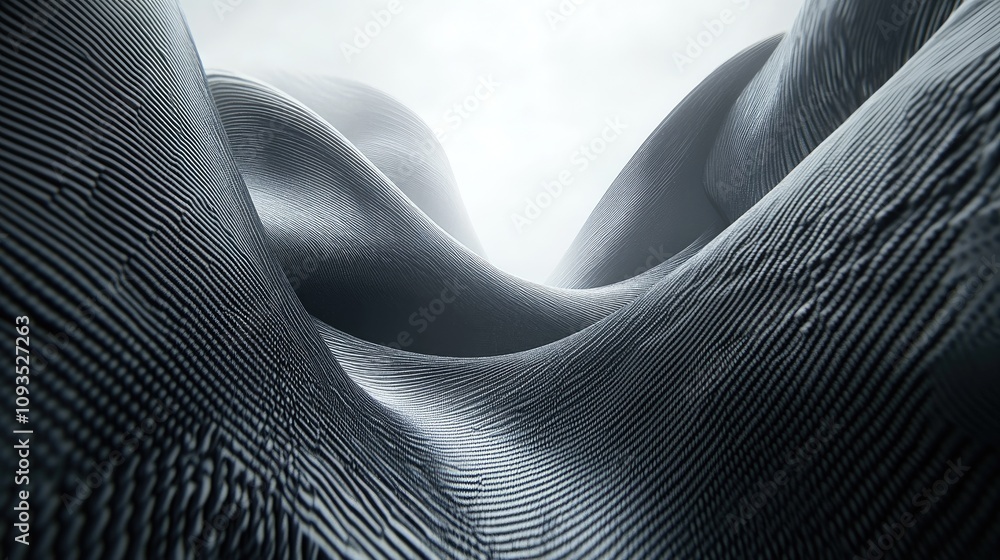 Poster abstract grayscale 3d rendering of flowing, textured surfaces creating a valley-like form.