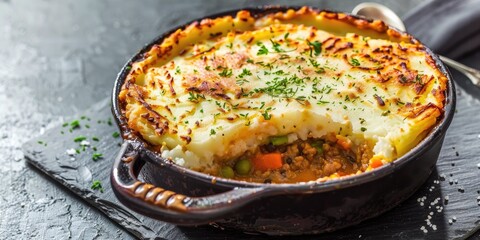 English Shepherd's Pie, hearty casserole dish with layers of seasoned ground lamb or beef, mixed vegetables, potatoes