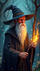 Obraz premium Elder wizard with long wooden staff holds magic fire. He wears pointy hat and long white beard. Mysterious spooky background. Fantasy illustration for magical stories. Powerful magical figure.