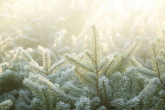 Frosty pine needles on trunk and branches, natural winter scene