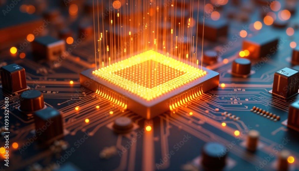 Poster tech cpu chip glowing on motherboard with light trails. data transfer concept. modern tech system in