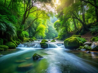 Obraz premium Serene Water Flowing into a Tranquil Body of Water with High Depth of Field Capturing Natural Beauty and Calmness in a Refreshing Landscape Scene