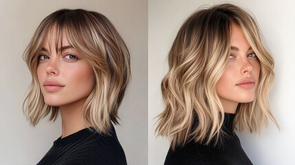 Dimensional golden bronde balayage lob with curtain bangs