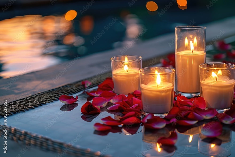 Aufkleber a group of candles sitting next to a pool, perfect for decorating an outdoor space or adding ambianc
