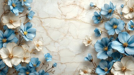 A serene floral arrangement with blue and white flowers on a marble background.