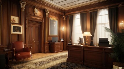 Luxurious wood-paneled office with classic furniture, large windows, and Persian rug.