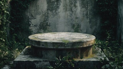 Ancient stone pedestal in overgrown garden.