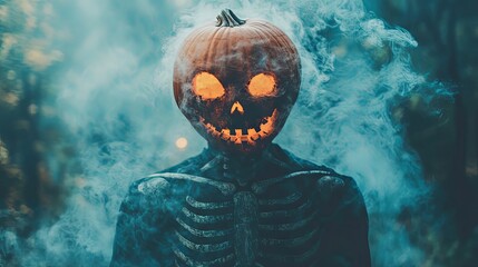 Spooky Halloween Pumpkin Head with Skeleton Costume in Fog