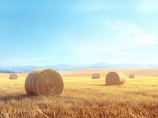 Fototapeta premium A serene landscape featuring hay bales in a golden field under a blue sky.