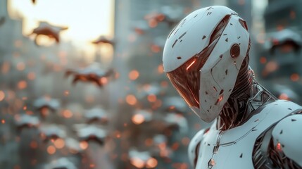 A futuristic robot with a glowing visor faces a swarm of flying machines in a city, emblematic of advanced robotics and complex human-machine relationships.