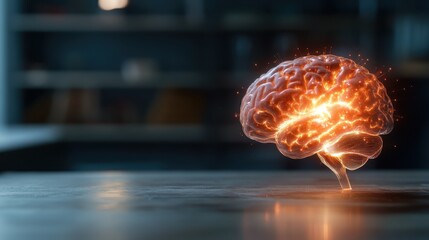A digitally crafted luminous brain model displaying neural activity on a table, symbolizing the intricate workings of the human mind and technological advancements.