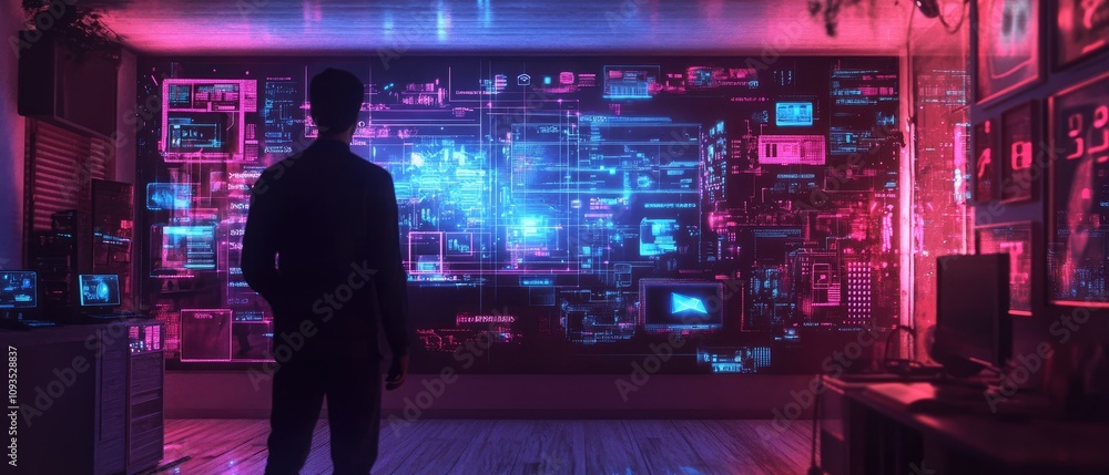 Poster man observing a futuristic, digital wall displaying complex data in a neon-lit room.