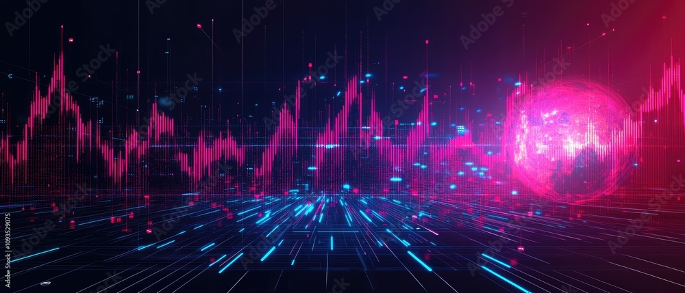 Poster abstract glowing digital data visualization with a futuristic city and global network concept.