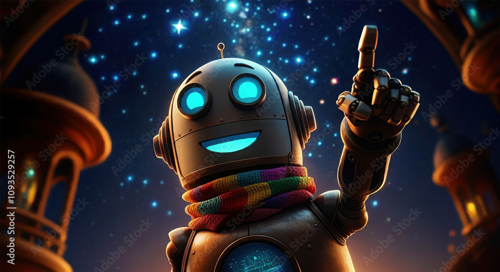 Poster the appearance of a friendly, cute artificial intelligence robot. robot-human communication and the 
