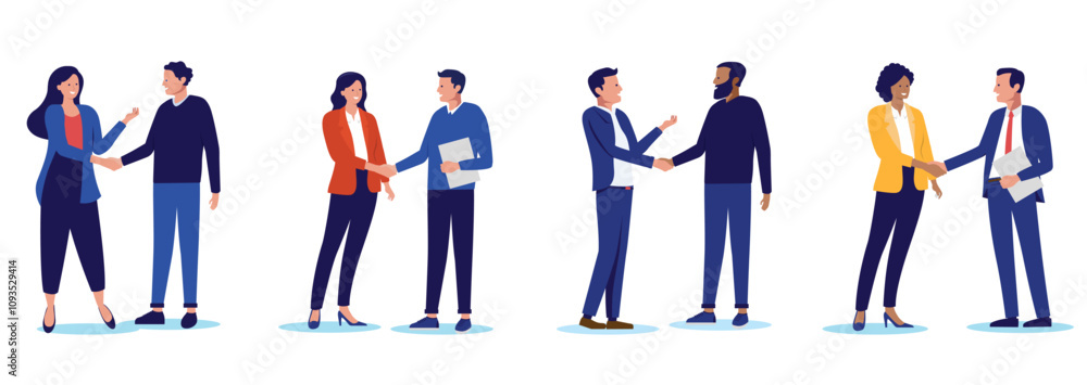 Aufkleber People shaking hands collection - Set of vector illustrations with businesspeople doing handshake in office or at work over business agreement, deal and cooperation. Flat design with white background